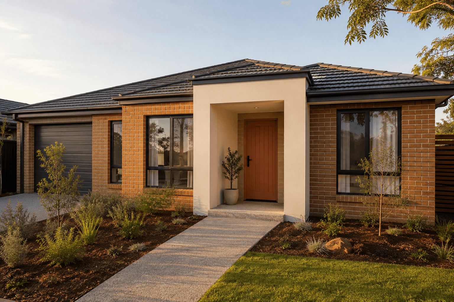 modern Australian brick home with a warm freshly painted entrance